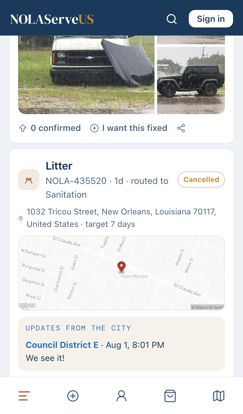 A report card with photos, a confirm button, an I-want-this-fixed button, a map, and a city update
