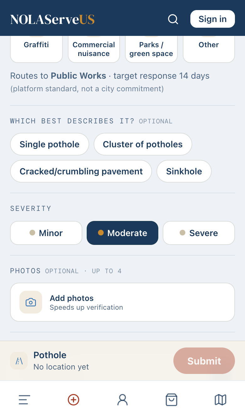 Sub-type chips, a severity selector, and an add-photos button
