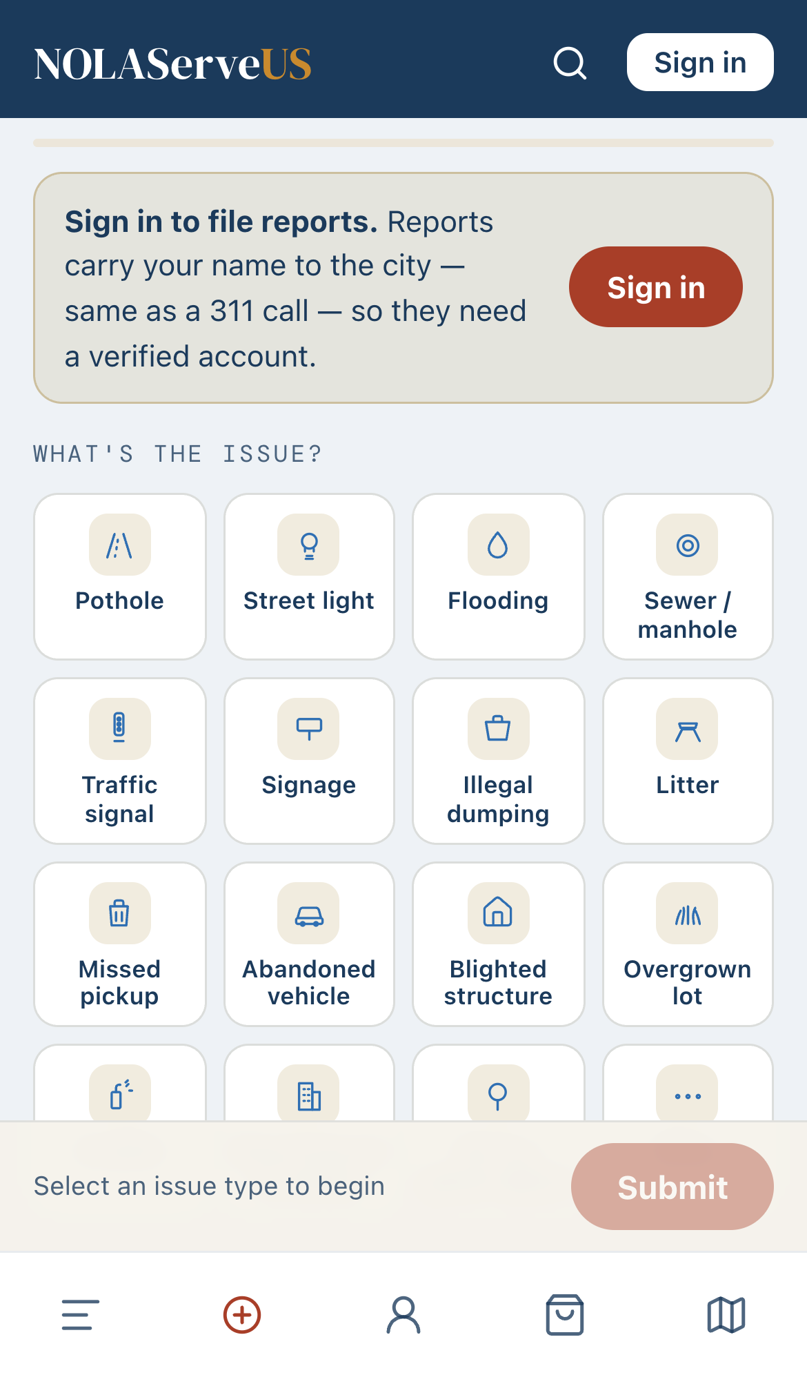 The NOLAServeUS report screen: pick a category, add photos, drop the location, and submit.